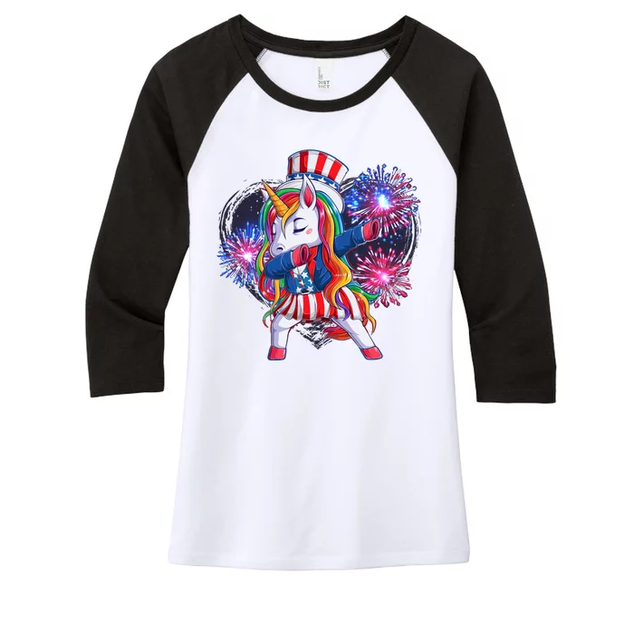 Funny Fourth Of July Fireworks Dabbing Unicorn Women's Tri-Blend 3/4-Sleeve Raglan Shirt