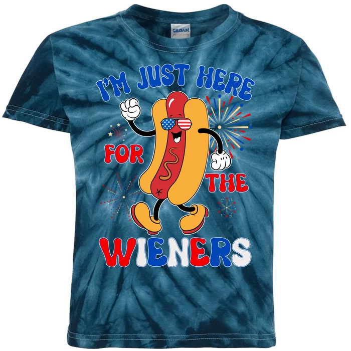 Funny Fouth Of July IM Just Here For The Wieners Hotdog Lover Kids Tie-Dye T-Shirt