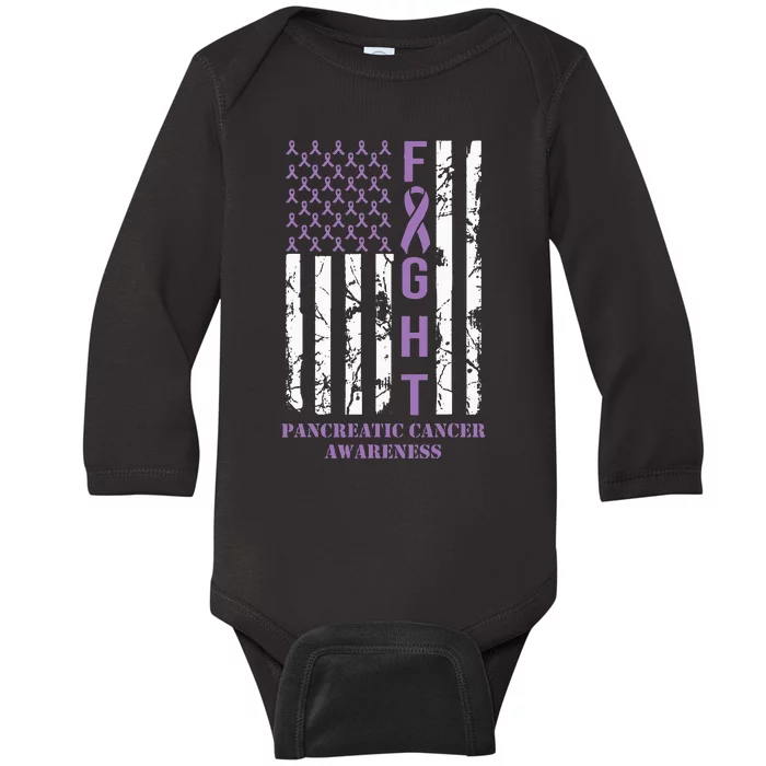 Fight Flag Purple Ribbon Support Pancreatic Cancer Awareness Baby Long Sleeve Bodysuit