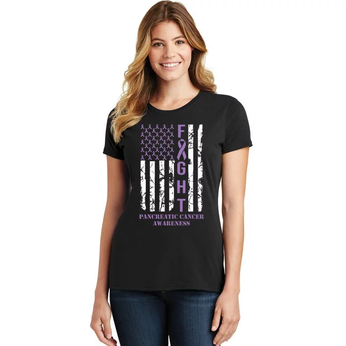 Fight Flag Purple Ribbon Support Pancreatic Cancer Awareness Women's T-Shirt