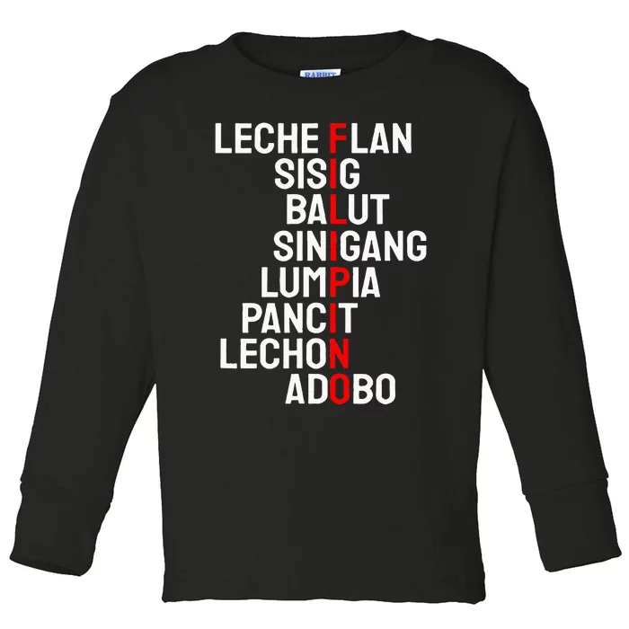 Funny Filipino Popular Food List Phillipines Filipino Toddler Long Sleeve Shirt