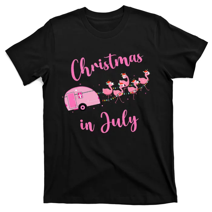 Funny Flamingo Pink Retro Camping Car Christmas In July T-Shirt