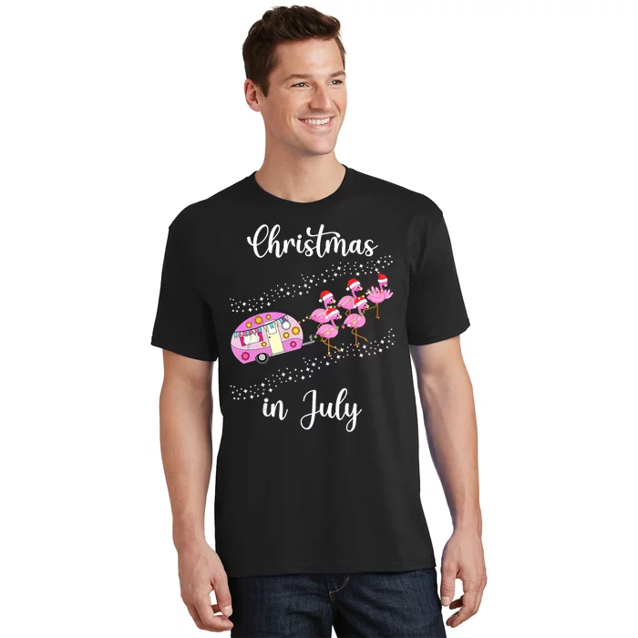 Funny Flamingo Pink Retro Camping Car Christmas In July T-Shirt