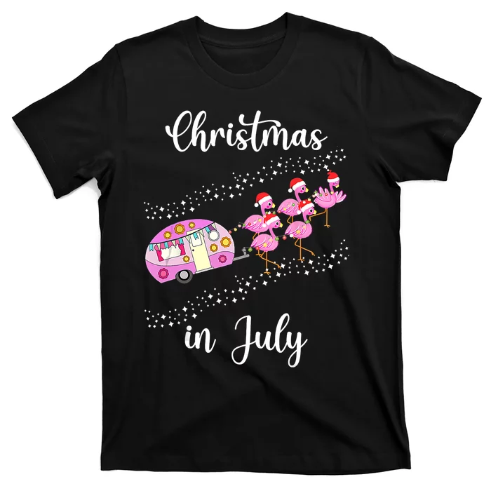 Funny Flamingo Pink Retro Camping Car Christmas In July T-Shirt