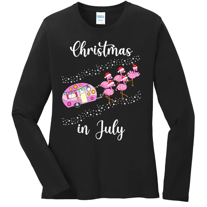 Funny Flamingo Pink Retro Camping Car Christmas In July Ladies Long Sleeve Shirt