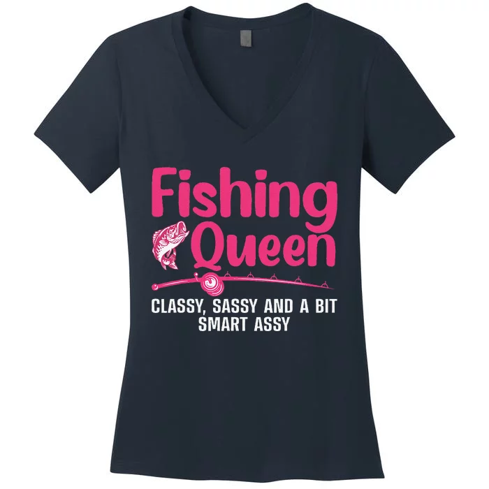 Funny Fishing Queen Design For Women Ladies Fishing Lovers Women's V-Neck T-Shirt