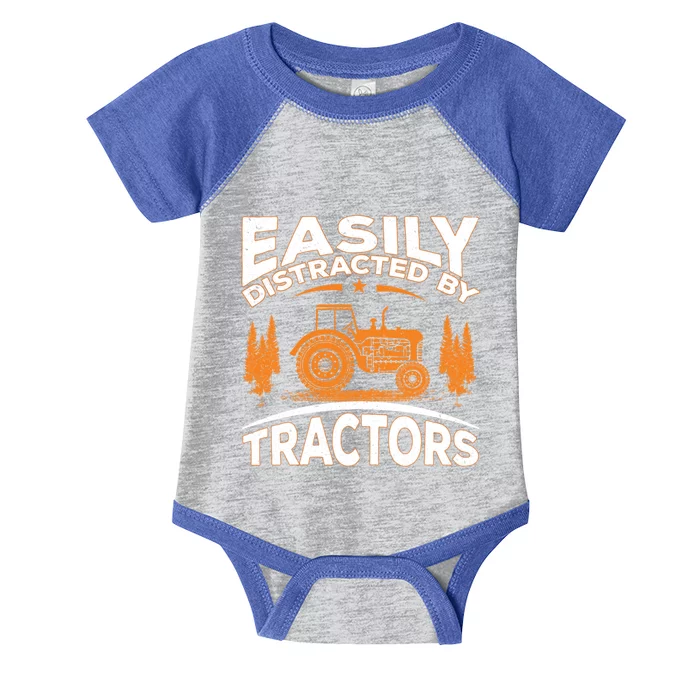 Funny Farming Quote Gift Easily Distracted By Tractors Gift Infant Baby Jersey Bodysuit