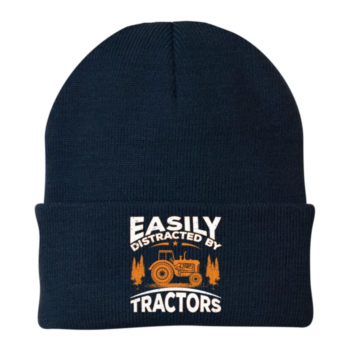 Funny Farming Quote Gift Easily Distracted By Tractors Knit Cap Winter Beanie