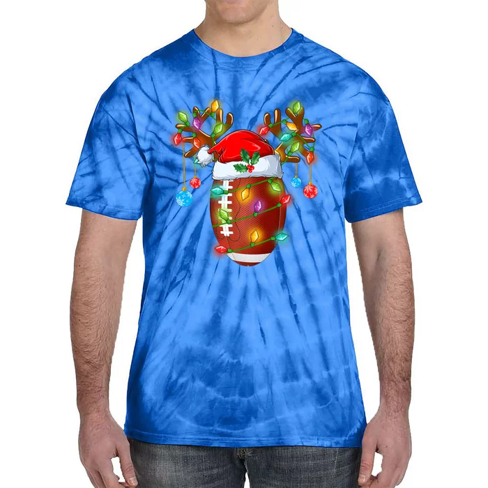 Funny Football Reindeer Santa Hat Christmas Lights Holiday Cute Gift Tie-Dye T-Shirt