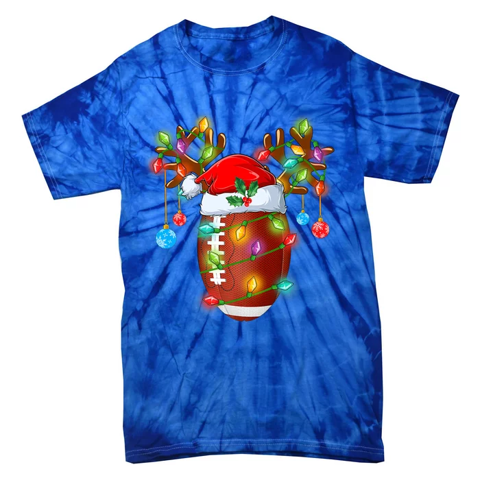 Funny Football Reindeer Santa Hat Christmas Lights Holiday Cute Gift Tie-Dye T-Shirt