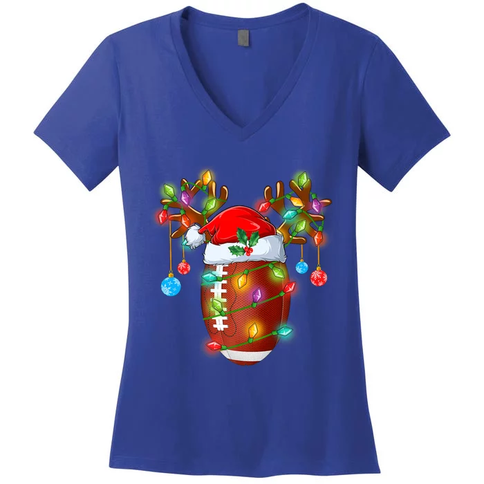 Funny Football Reindeer Santa Hat Christmas Lights Holiday Cute Gift Women's V-Neck T-Shirt