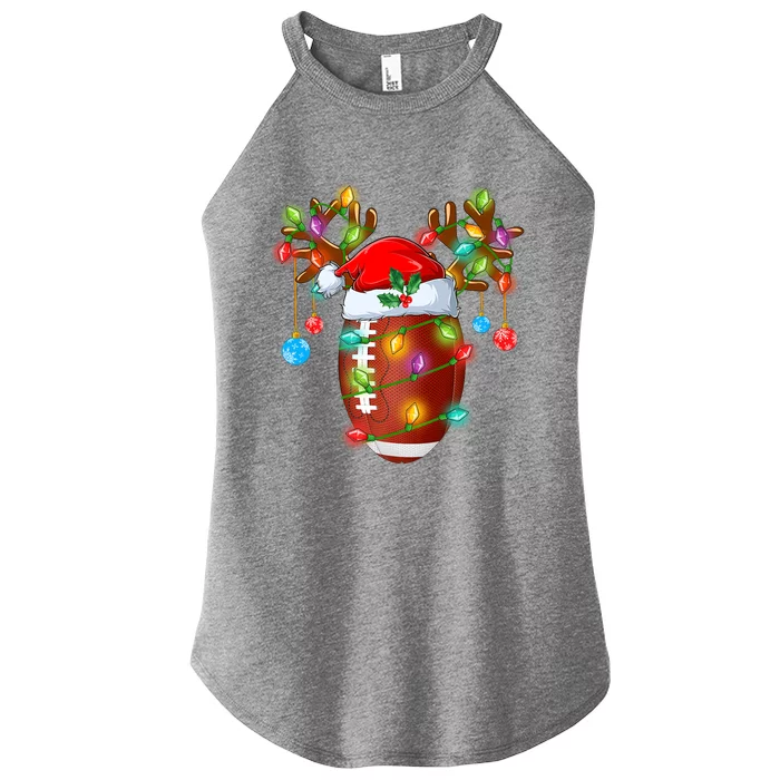 Funny Football Reindeer Santa Hat Christmas Lights Holiday Cute Gift Women’s Perfect Tri Rocker Tank