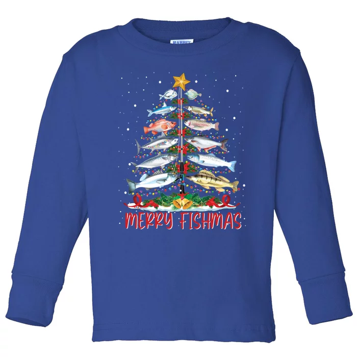 Fish Fishing Rod Christmas Tree Fisher Merry Fishmas Gift Toddler Long Sleeve Shirt