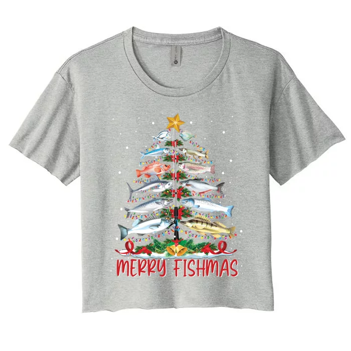 Fish Fishing Rod Christmas Tree Fisher Merry Fishmas Gift Women's Crop Top Tee