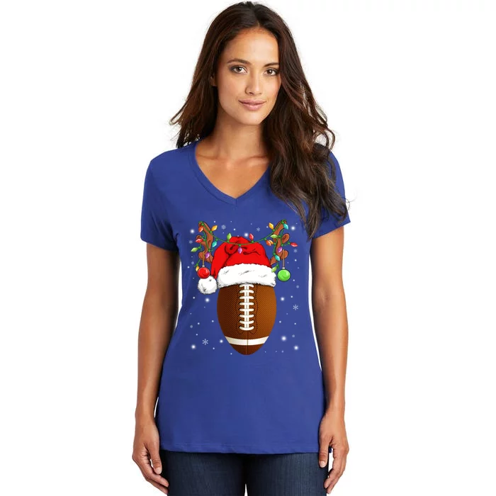 Funny Football Reindeer Santa Hat Christmas Lights Holiday Great Gift Women's V-Neck T-Shirt