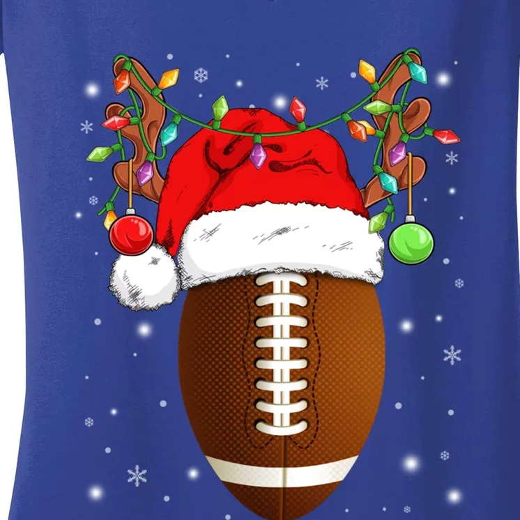 Funny Football Reindeer Santa Hat Christmas Lights Holiday Great Gift Women's V-Neck T-Shirt