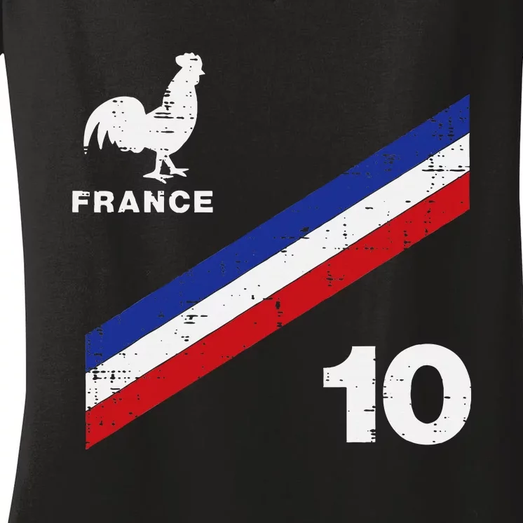 France Flag Rooster Number 10 Soccer Women's V-Neck T-Shirt