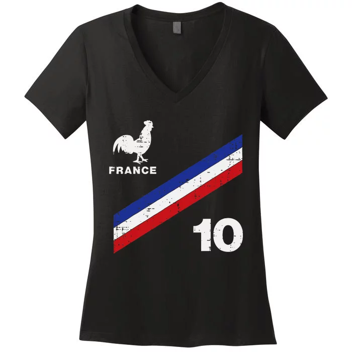 France Flag Rooster Number 10 Soccer Women's V-Neck T-Shirt