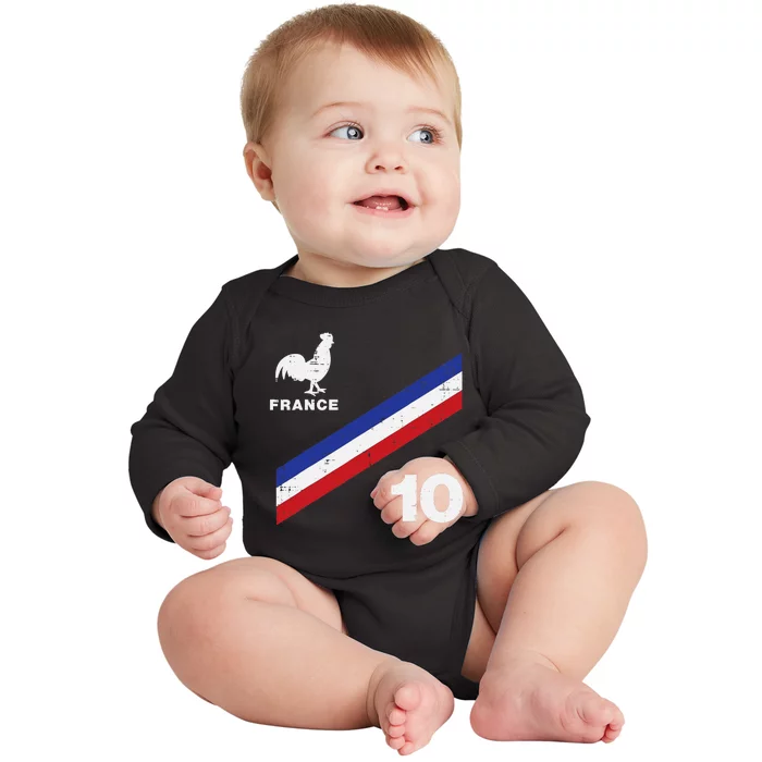 France Flag Rooster Number 10 Soccer Fan Baby Long Sleeve Bodysuit