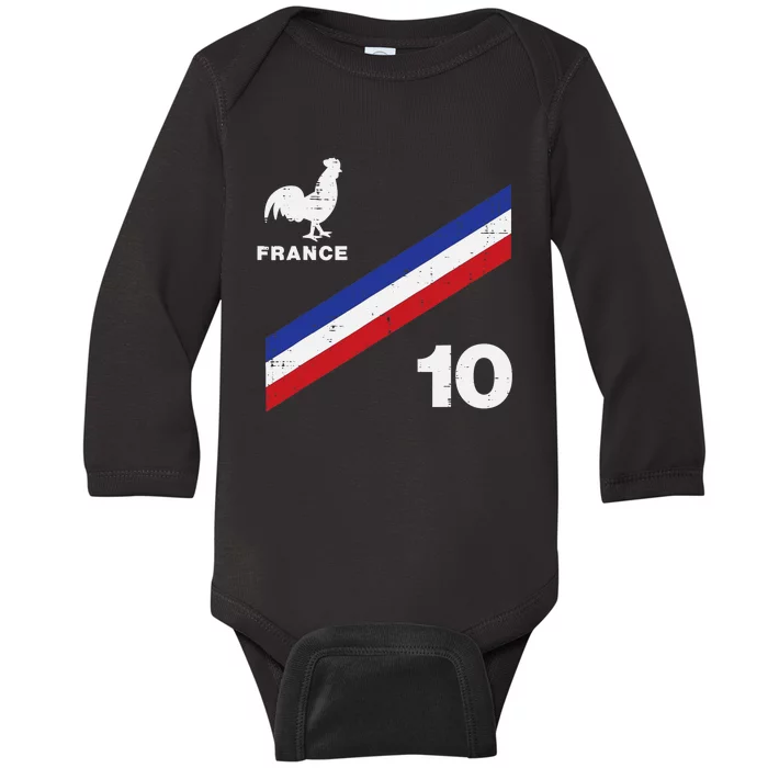 France Flag Rooster Number 10 Soccer Fan Baby Long Sleeve Bodysuit