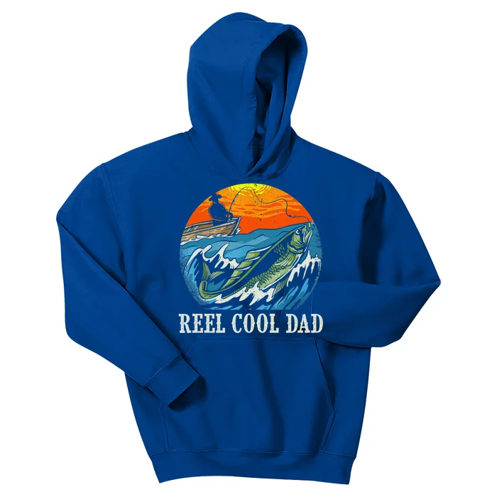 Funny Fisher Retro Sunset Reel Cool Dad Fishing Gift Kids Hoodie