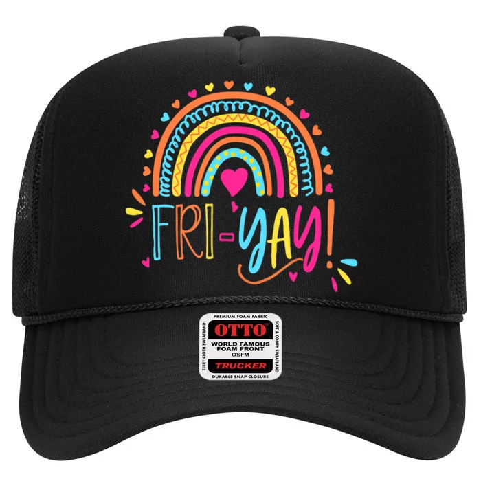 Fri-Yay Friday Rainbow Funny Teacher Tees High Crown Mesh Trucker Hat