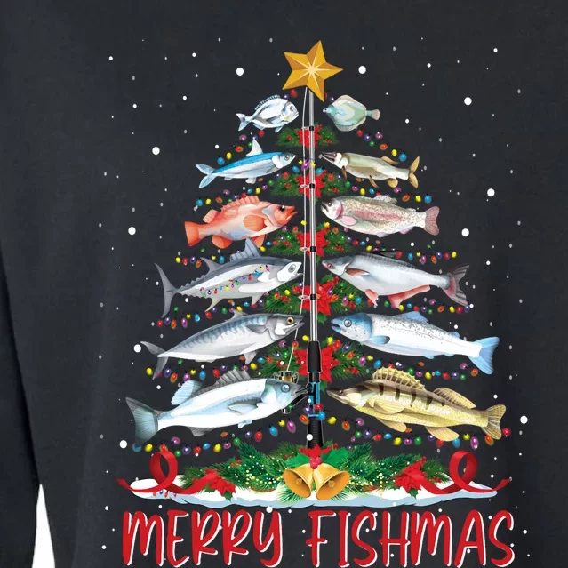 Fish Fishing Rod Christmas Tree Fisherman Merry Fishmas Cropped Pullover Crew