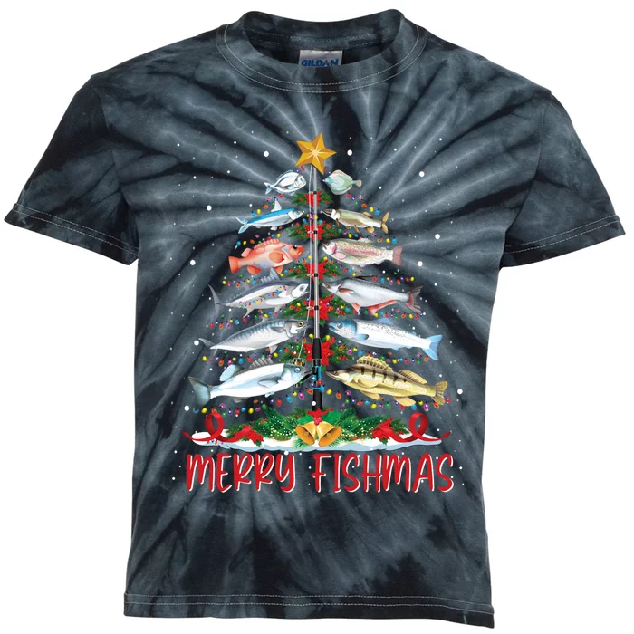 Fish Fishing Rod Christmas Tree Fisherman Merry Fishmas Kids Tie-Dye T-Shirt