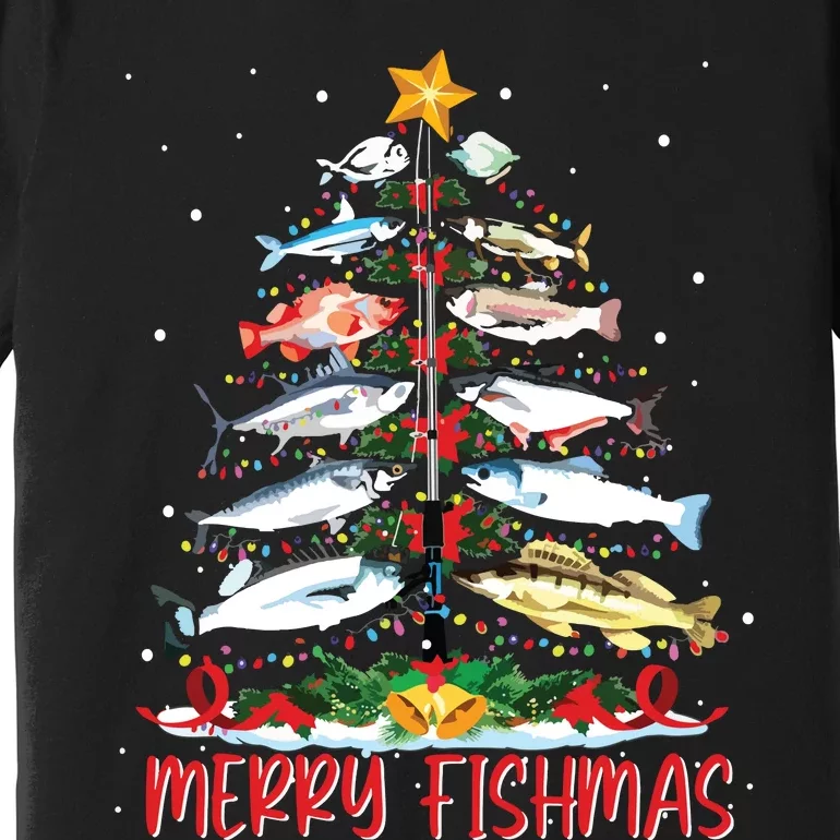 Fish Fishing Rod Christmas Tree Fisherman Merry Fishmas Premium T-Shirt