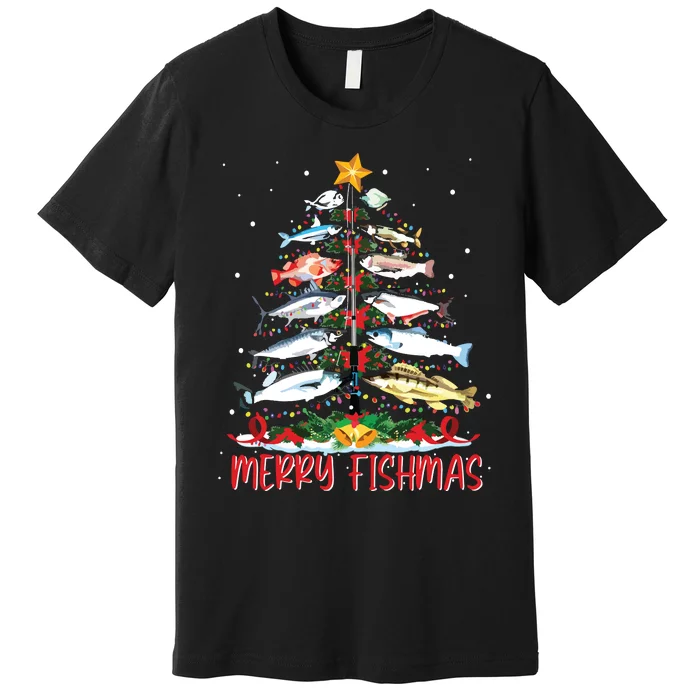 Fish Fishing Rod Christmas Tree Fisherman Merry Fishmas Premium T-Shirt