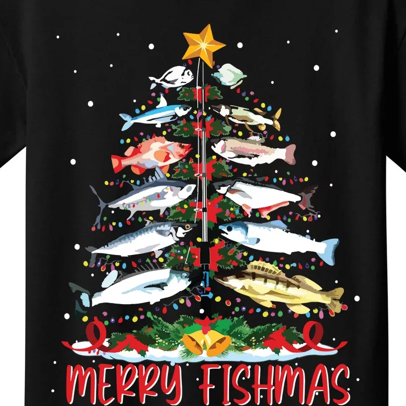 Fish Fishing Rod Christmas Tree Fisherman Merry Fishmas Kids T-Shirt