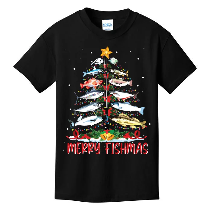 Fish Fishing Rod Christmas Tree Fisherman Merry Fishmas Kids T-Shirt