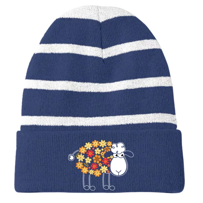 Funny Flower Sheepp Design For Farming Lovers Striped Beanie with Solid Band