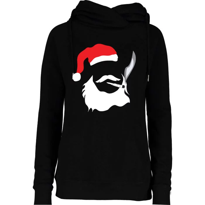 Funny Face Santa Clause Smoking Weed Christmas Marijuana Womens Funnel Neck Pullover Hood