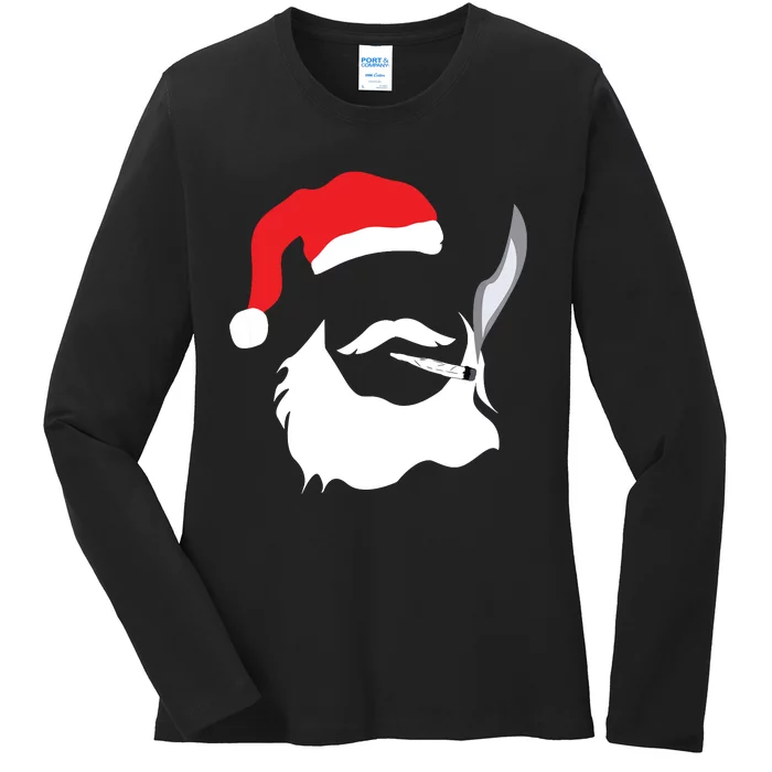 Funny Face Santa Clause Smoking Weed Christmas Marijuana Ladies Long Sleeve Shirt