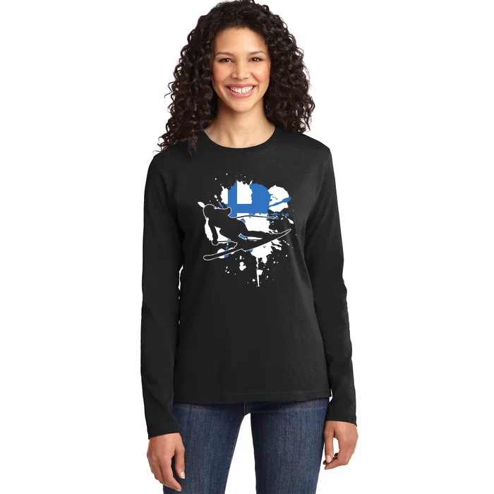 Finland Flag Skier Finnish Alpine Skiing Ladies Long Sleeve Shirt