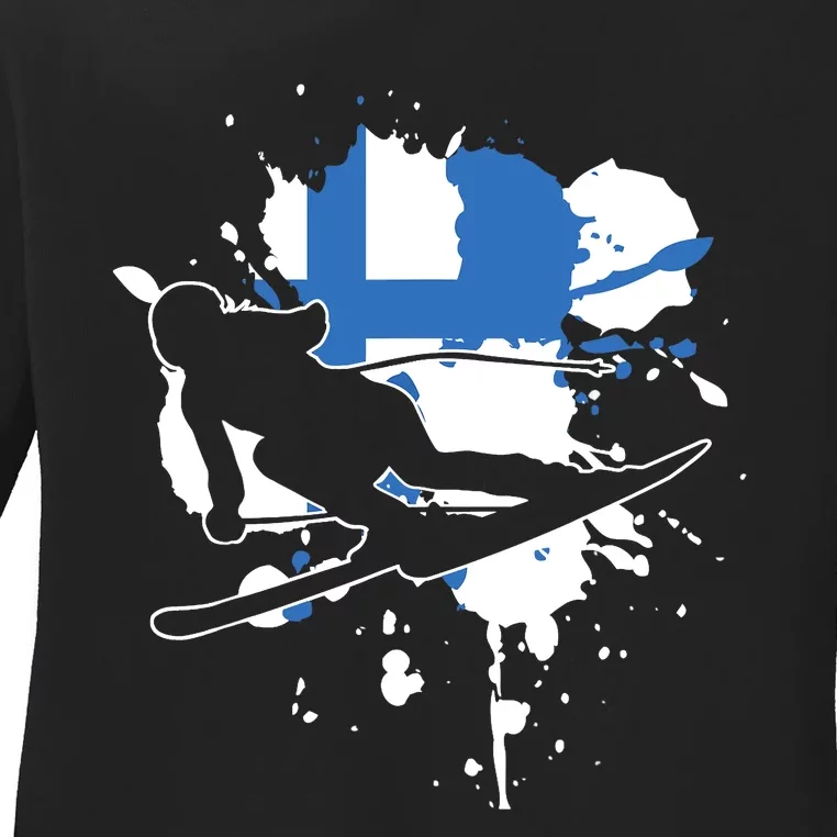 Finland Flag Skier Finnish Alpine Skiing Ladies Long Sleeve Shirt