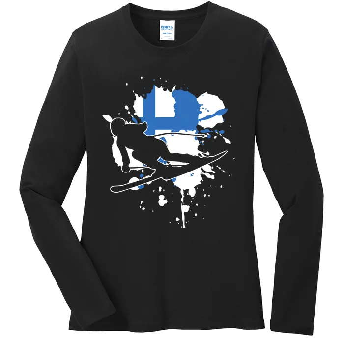 Finland Flag Skier Finnish Alpine Skiing Ladies Long Sleeve Shirt