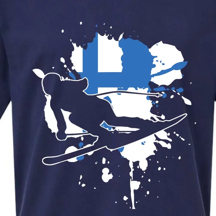 Finland Flag Skier Finnish Alpine Skiing Sueded Cloud Jersey T-Shirt