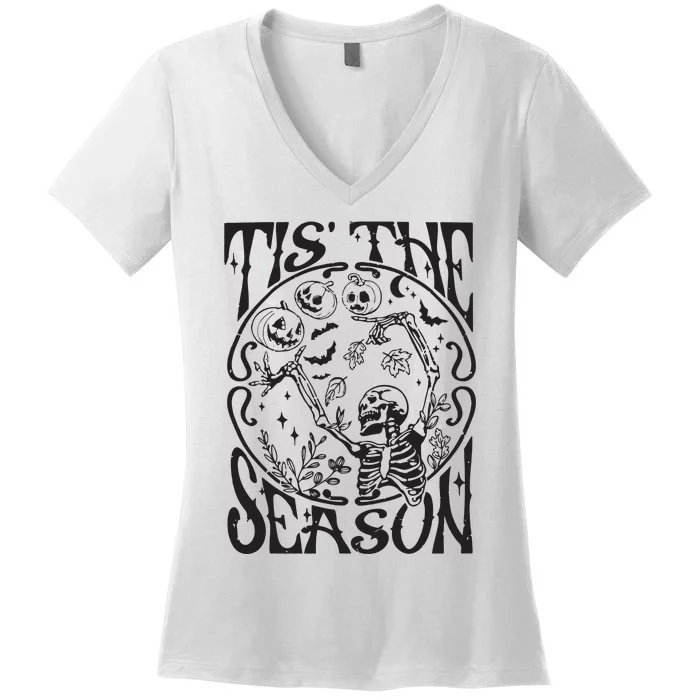 Funny Fall Skeleton Tis The Season Scary Halloween Pumpkin Women's V-Neck T-Shirt