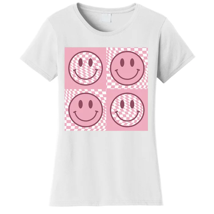 Funny Face Shirt Checkered Pattern Smile Face Meme Trendy Women's T-Shirt