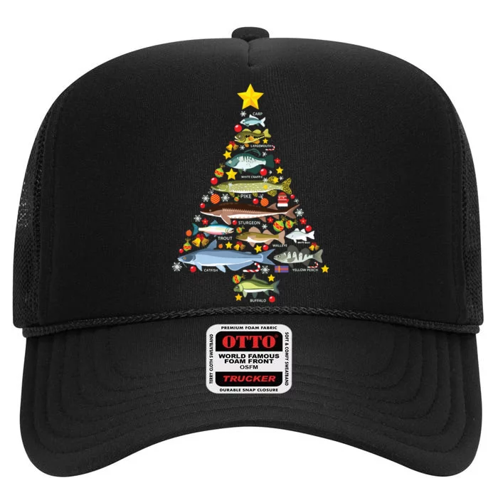 Freshwater Fish Species Christmas Tree Fishing Xmas High Crown Mesh Trucker Hat