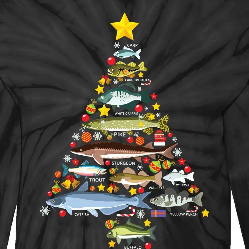 Freshwater Fish Species Christmas Tree Fishing Xmas Tie-Dye Long Sleeve Shirt