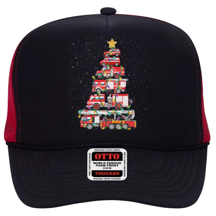 Funny Firefighter Tree Fire Truck Christmas Merry Xmas Gift High Crown Mesh Trucker Hat