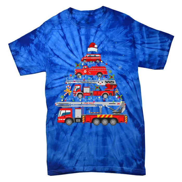 Firefighter Fire Truck Christmas Tree Lights Santa Fireman Tie-Dye T-Shirt