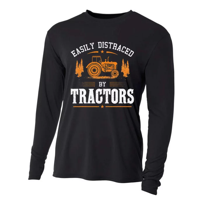 Funny Farming Tractor Lover Easily Distraced By Tractors Cooling Performance Long Sleeve Crew