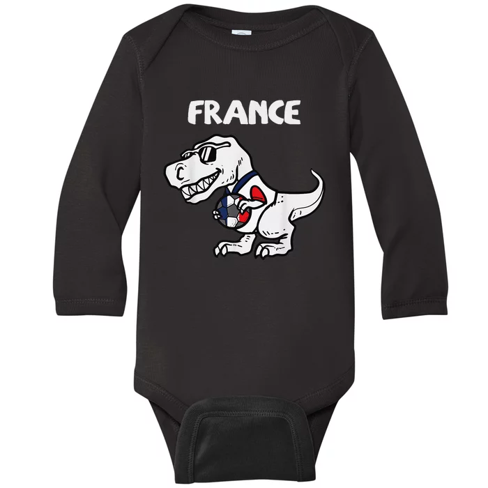 Funny France Trex Dino French Flag Soccer Fan Baby Long Sleeve Bodysuit