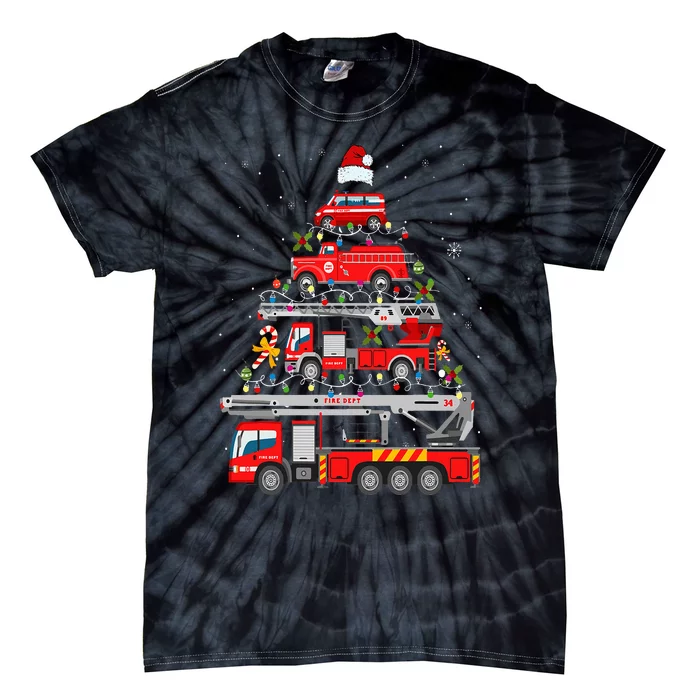 Firefighter Fire Truck Christmas Tree Lights Santa Fireman Tie-Dye T-Shirt