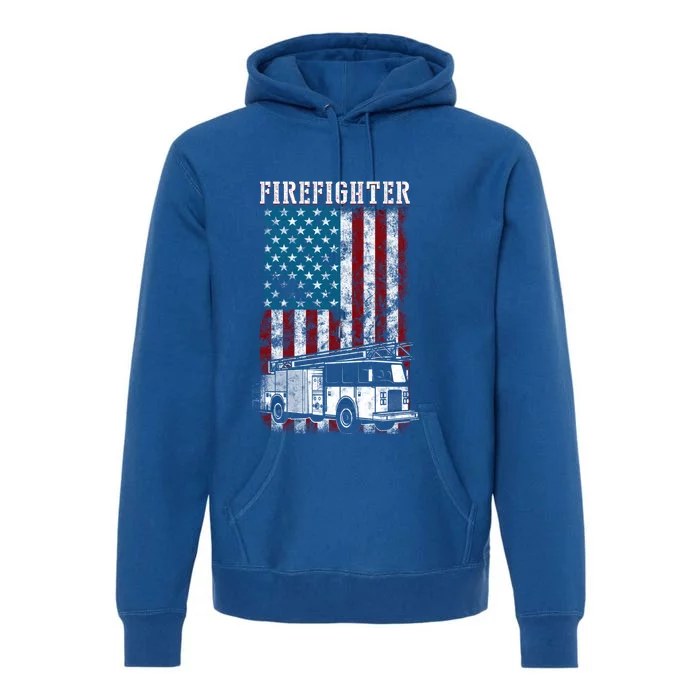 Fire Fire Truck Tattered Firefighter American Flag Great Gift Premium Hoodie