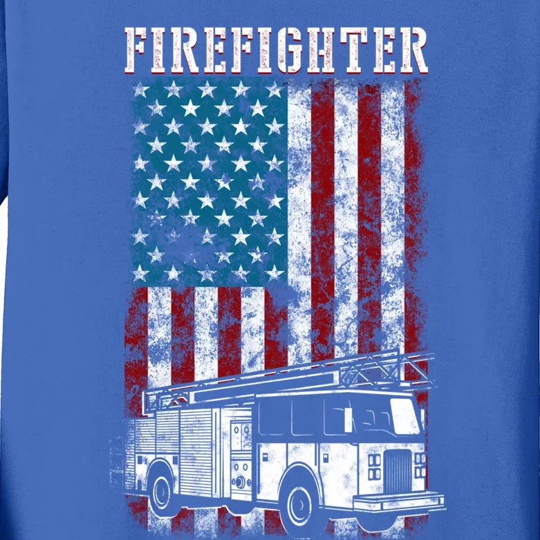 Fire Fire Truck Tattered Firefighter American Flag Great Gift Kids Long Sleeve Shirt